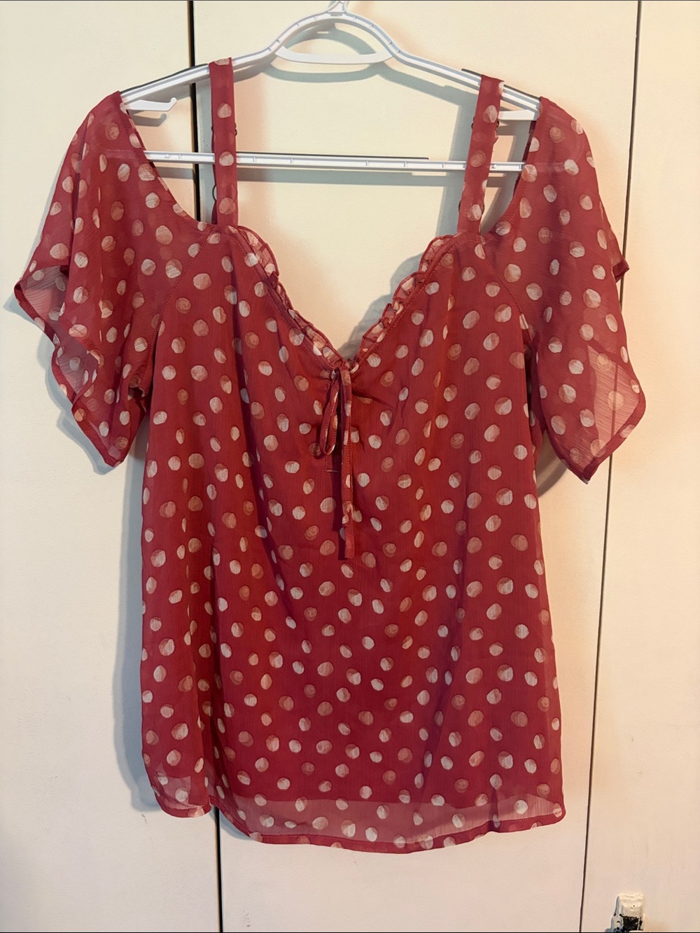Maurices Red Polka Dot Sheer Tie-Front Blouse
